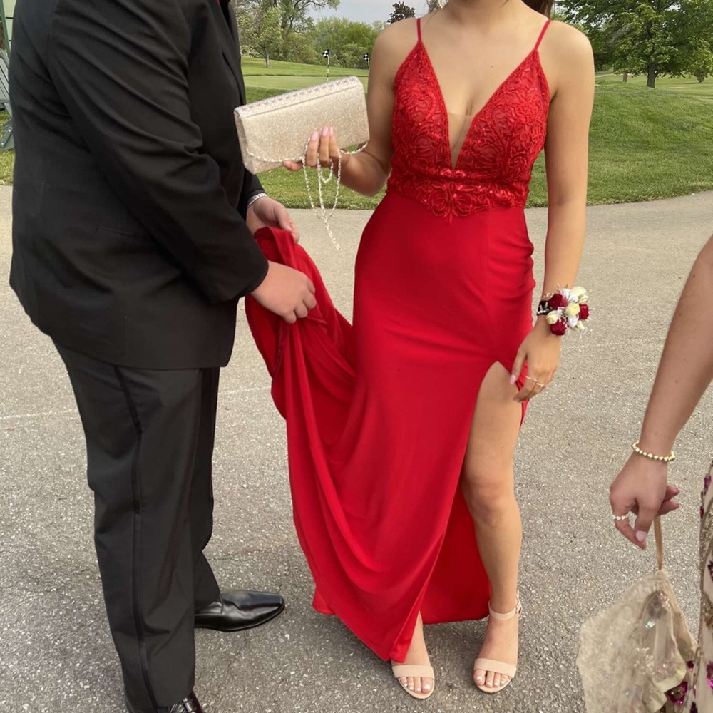 Faviana Red Sequin Slit Fitting Prom Dress